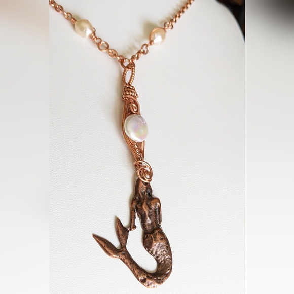 Mermaid Pendant Copper Jewelry Set Fresh Water Pearl Accents - Picture 6 of 16